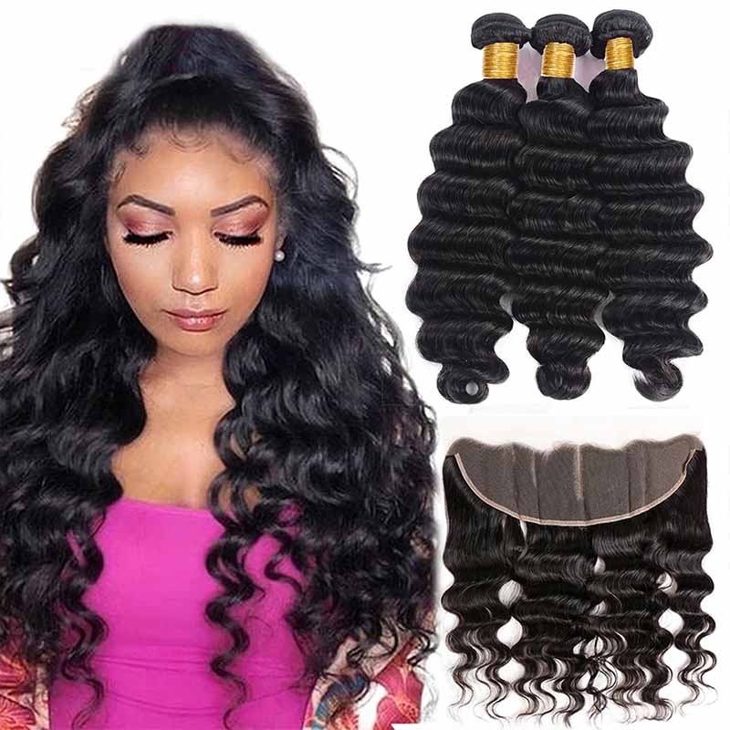 13*4 HD Lace Frontal With Bundles Loose Deep Wave 12A Brazilian Virgin Hair Weave