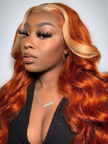 Skunk Stripe Wig Ginger Hair With Blonde Highlights 3D Body Wave 13x4 Lace Frontal Wigs