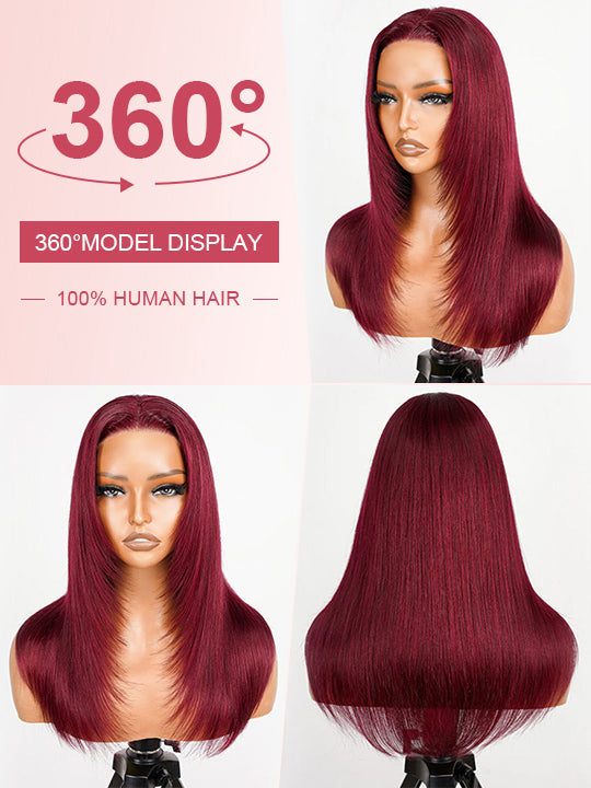 Kisslove Bleached Knots Burgundy Hair 360 Lace Frontal Wig Silky Straight Human Hair Wigs
