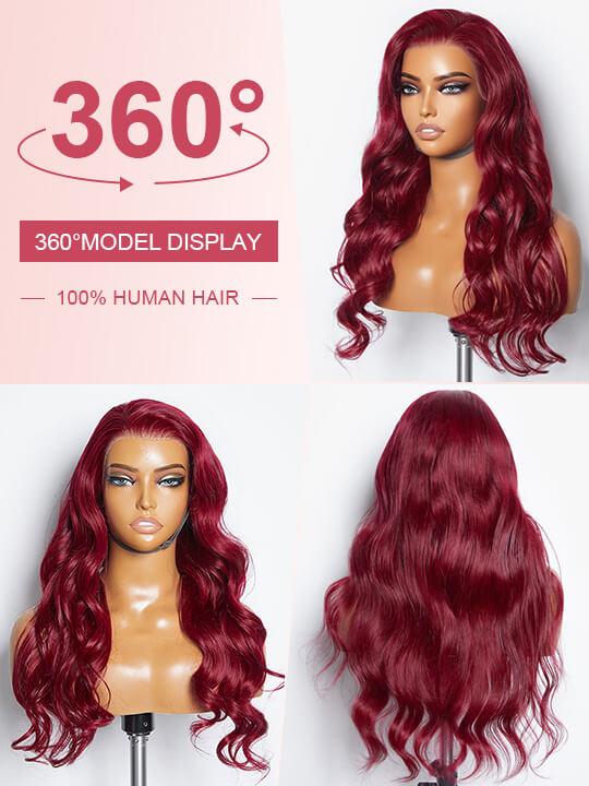 Kisslove Burgundy 360 Lace Frontal Wig Invisi-Drawstring 3D Body Wave Human Hair Wigs