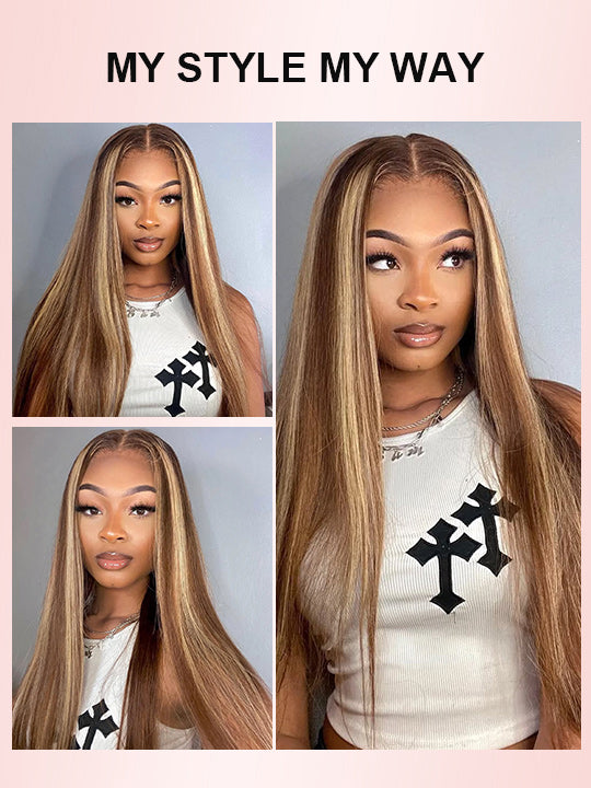 P4/27 Honey Blonde Highlight Straight Hair 13x4 13x6 Full Lace Frontal Human Hair Wigs