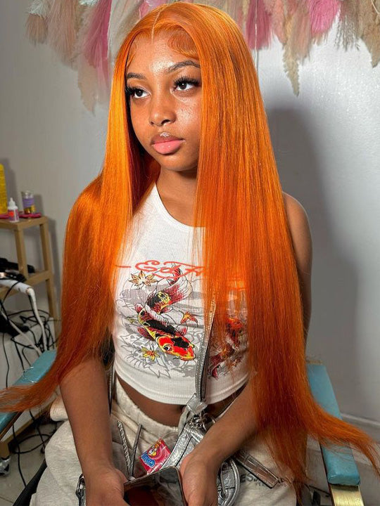 Glueless Ginger Orange Hair 5x5 Lace Wigs Silky Straight Transparent Lace Human Hair Wigs