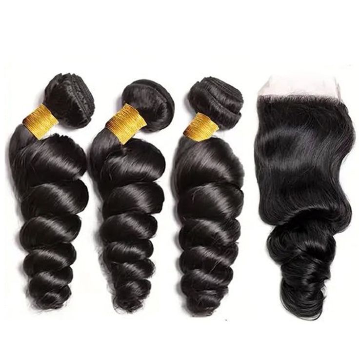 Loose Wave 3 Bundles With 4*4 Lace Closure 10A Brazilian Human Hair Weaves