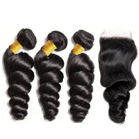 Loose Wave 3 Bundles With 4*4 Lace Closure 10A Brazilian Human Hair Weaves