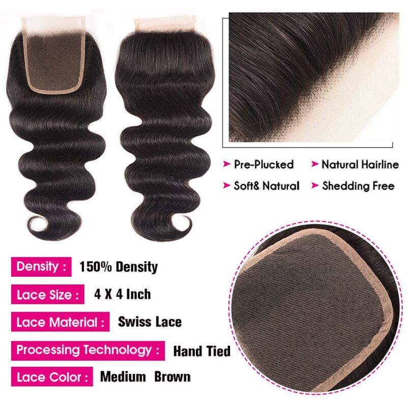 Body Wave Human Hair 3 Bundles With 4x4 Lace Closure 10A Brazilian Hair Weave