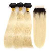 613 Blonde Hair With Black Roots Bundles With Closure Braizlian Straight Human Hair