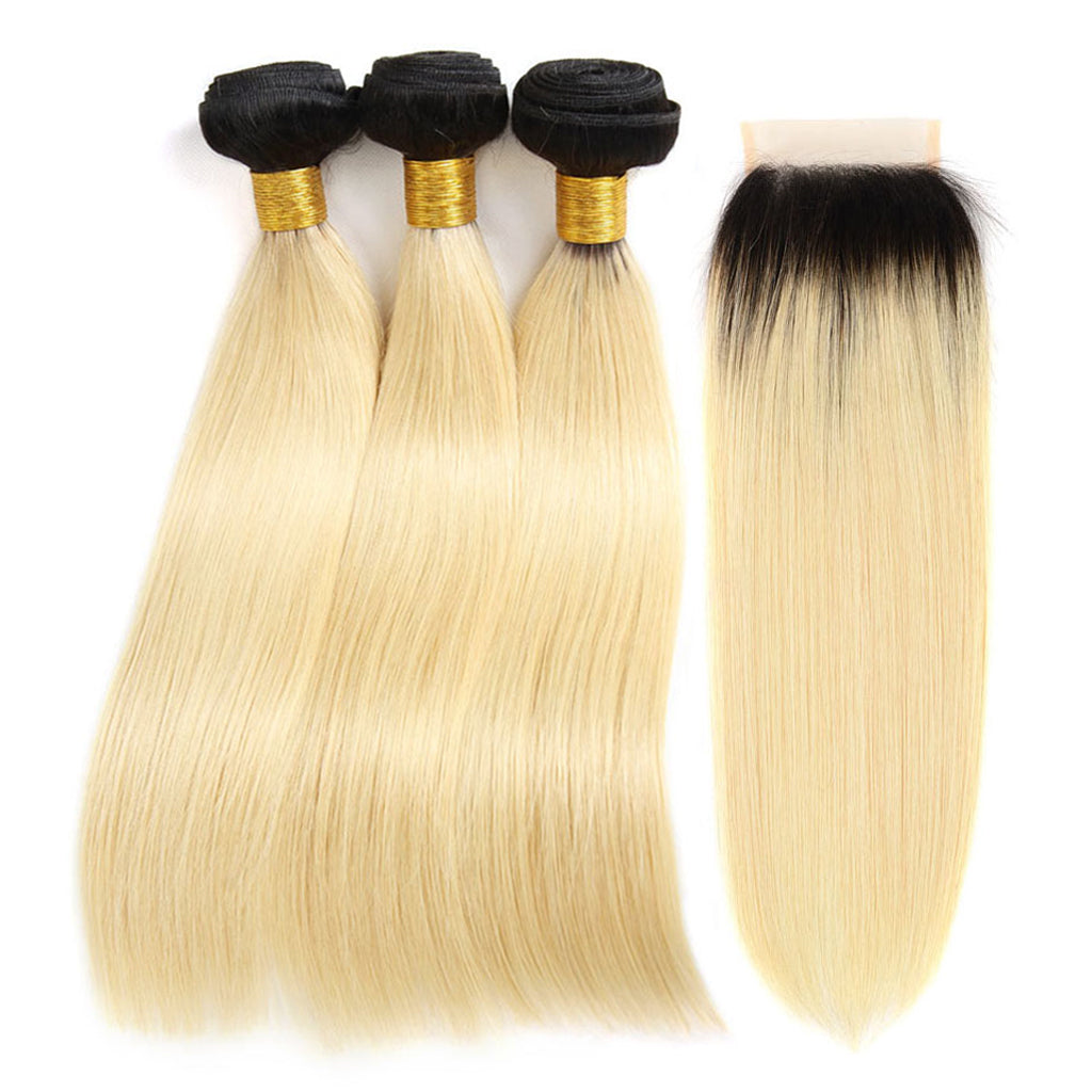 613 Blonde Hair With Black Roots Bundles With Closure Braizlian Straight Human Hair