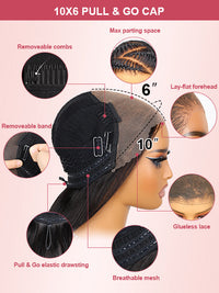 Pull & Go 10x6 Parting Max Lace Closure Burgundy Straight/Body Wave Human Hair Wig With Elastic Drawsting