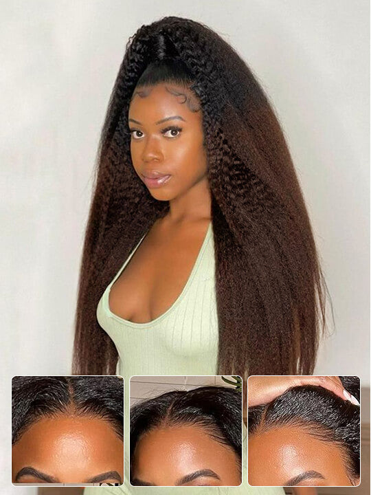 Kisslove Ombre Brown Yaki Straight Body Wave 360 Invisi-Drawstring Lace Human Hair Wigs