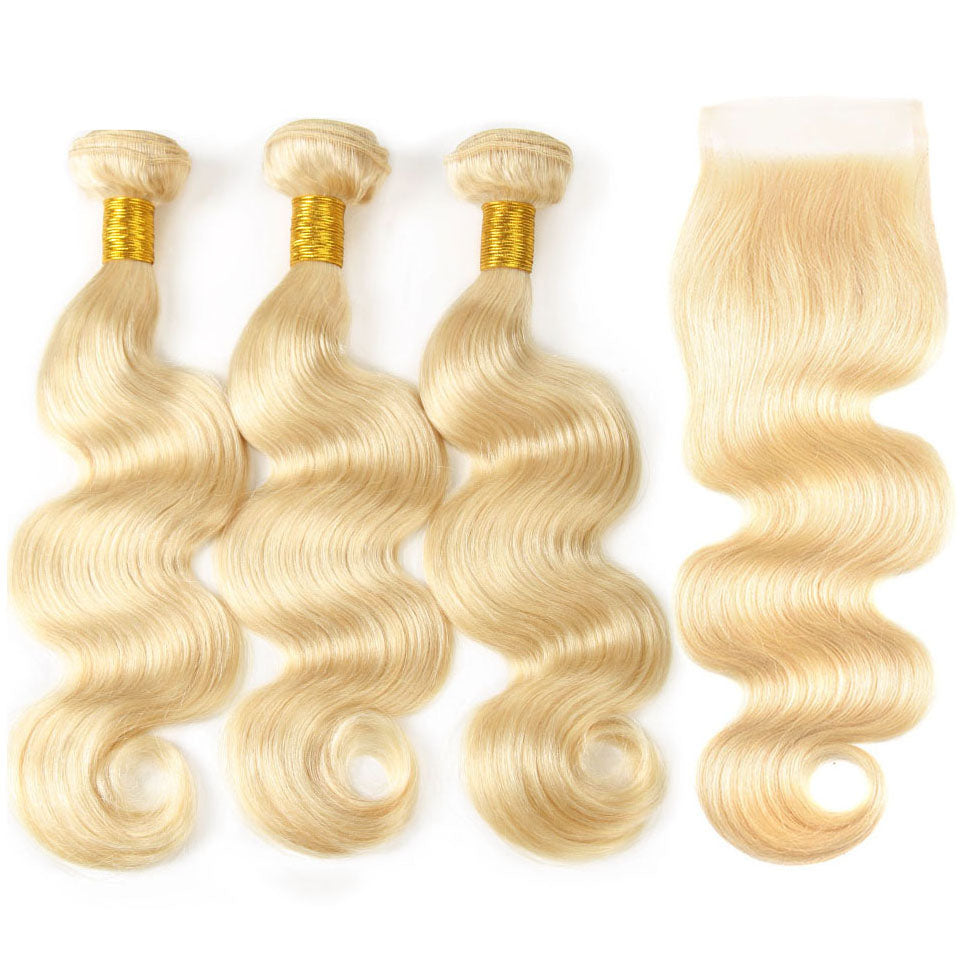 613 Honey Blonde Bundles With Closure Body Wave Virgin Human Hair Weaves