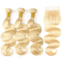 613 Honey Blonde Bundles With Closure Body Wave Virgin Human Hair Weaves