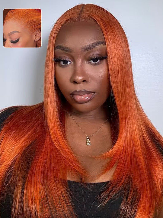 #350 Ginger Orange Straight Hair 13x6 Full Lace Frontal Wig Pre Plucked Colored Human Hair Wigs