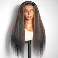 Kinky Straight Brown Highlight Invisi Strap 360 Skin Lace Frontal Glueless Wig Pre Everything Human Hair Wig