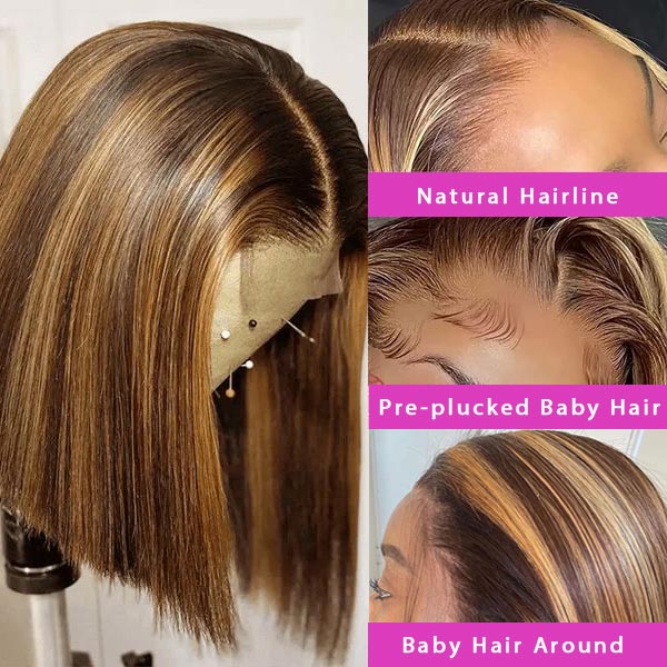 Highlight Straight Bob 5x5 Transparent Lace Wigs 100% Human Hair For Women