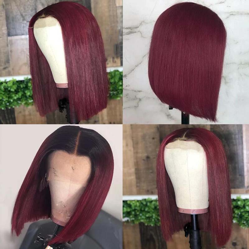 99J Red Burgundy Wig Bob 4x4 Lace Closure Human Hair Wigs Straight Hair