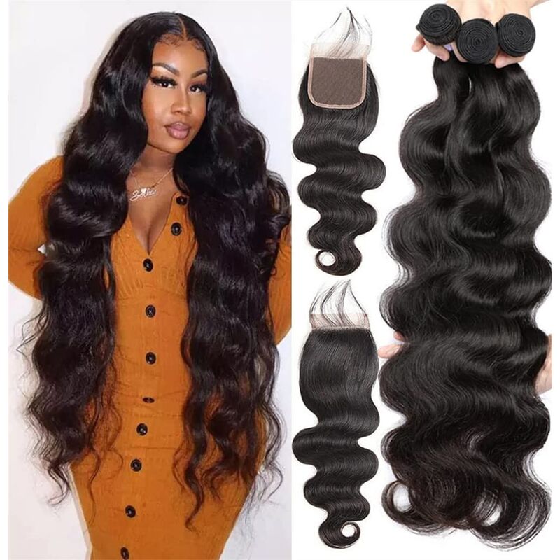 Body Wave Human Hair 3 Bundles With 4x4 Lace Closure 10A Brazilian Hair Weave