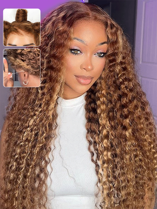 Kisslove Upgraded Invisi-Drawstring 360 Lace Wig Deep Wave Brown Highlights Human Hair Wigs
