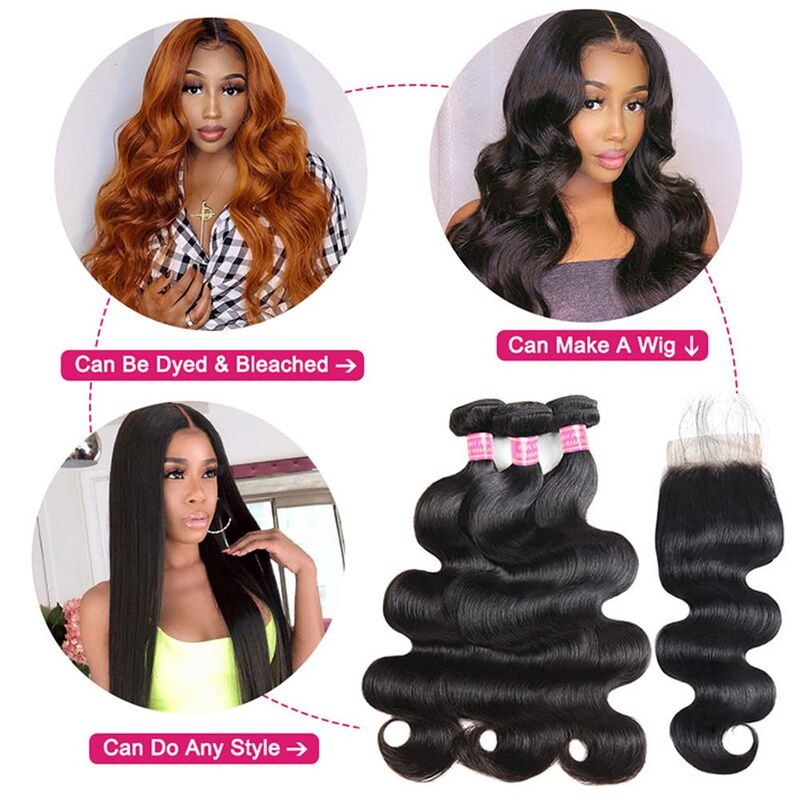 Body Wave Human Hair 3 Bundles With 4x4 Lace Closure 10A Brazilian Hair Weave
