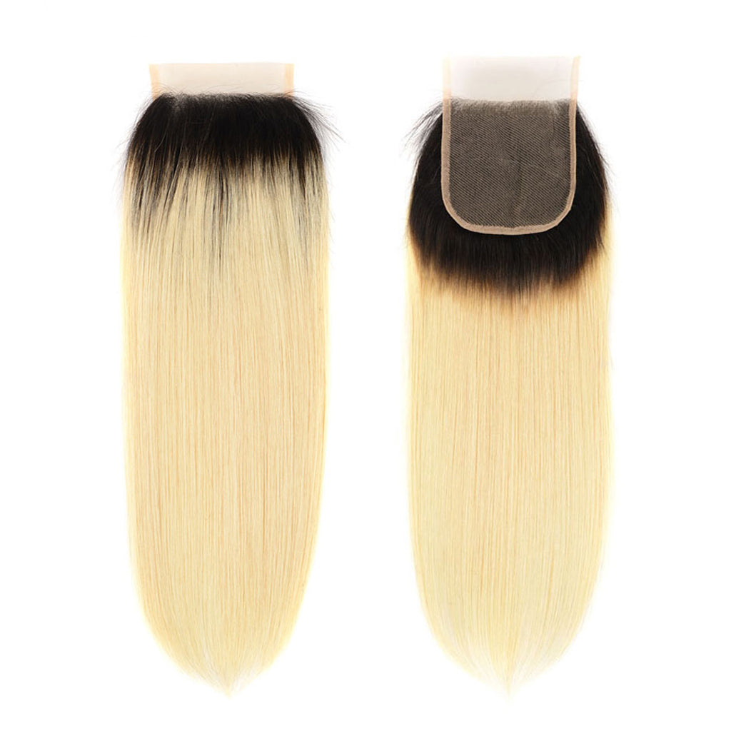 613 Blonde Hair With Black Roots Bundles With Closure Braizlian Straight Human Hair