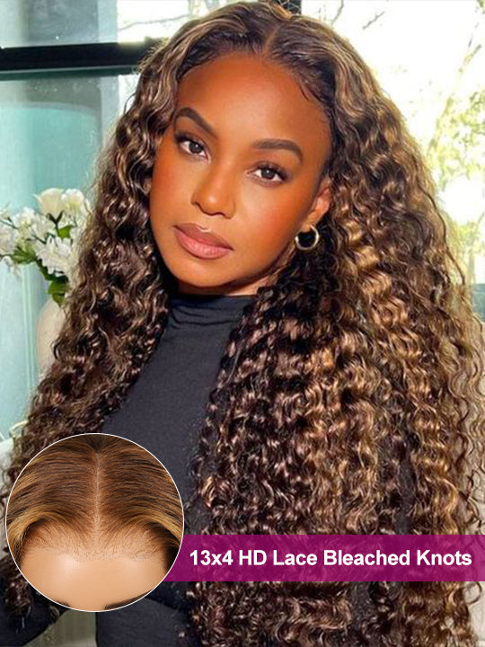 Bleached Knots Highlight Wig Deep Wave 13x4 HD Lace Frontal Virgin Human Hair Wigs