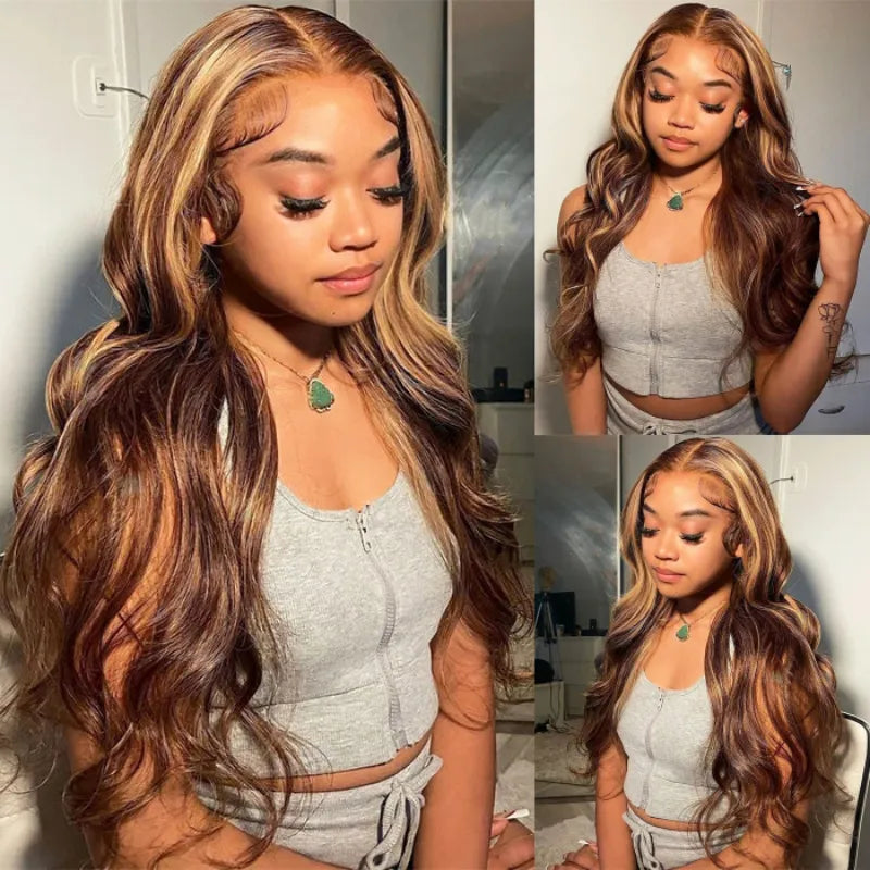 [Wear & Go] Breathable Air Wig Highlight 3D Body Wave 13x4 Lace Front Human Hair Wigs