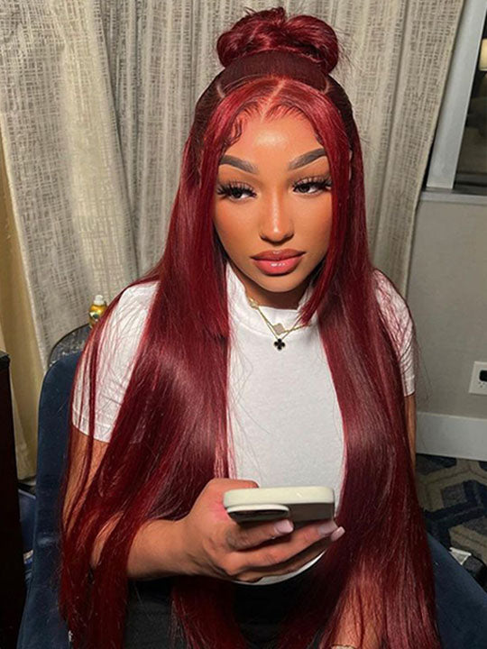 Kisslove Bleached Knots Burgundy Hair 360 Lace Frontal Wig Silky Straight Human Hair Wigs