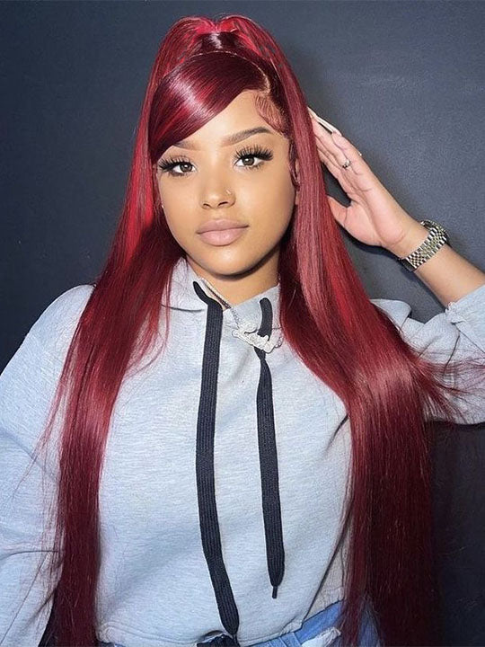 Kisslove Bleached Knots Burgundy Hair 360 Lace Frontal Wig Silky Straight Human Hair Wigs