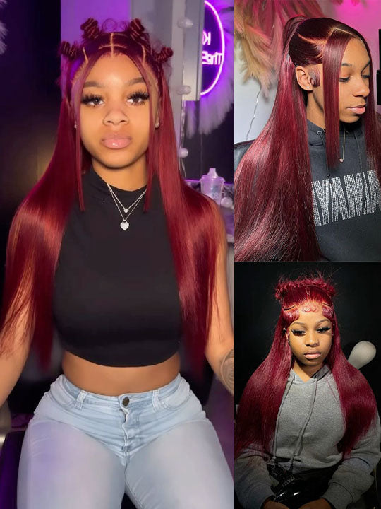 Kisslove Bleached Knots Burgundy Hair 360 Lace Frontal Wig Silky Straight Human Hair Wigs