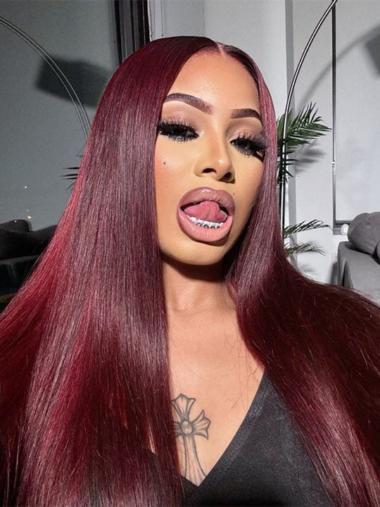Kisslove Bleached Knots Burgundy Hair 360 Lace Frontal Wig Silky Straight Human Hair Wigs