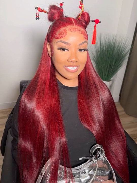 Kisslove Bleached Knots Burgundy Hair 360 Lace Frontal Wig Silky Straight Human Hair Wigs