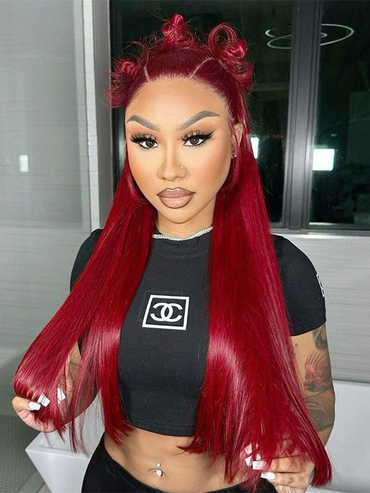 Kisslove Bleached Knots Burgundy Hair 360 Lace Frontal Wig Silky Straight Human Hair Wigs