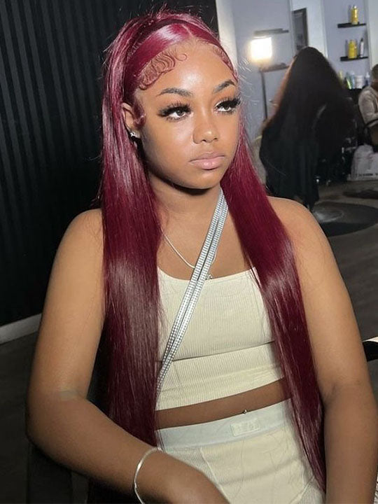 Kisslove Bleached Knots Burgundy Hair 360 Lace Frontal Wig Silky Straight Human Hair Wigs