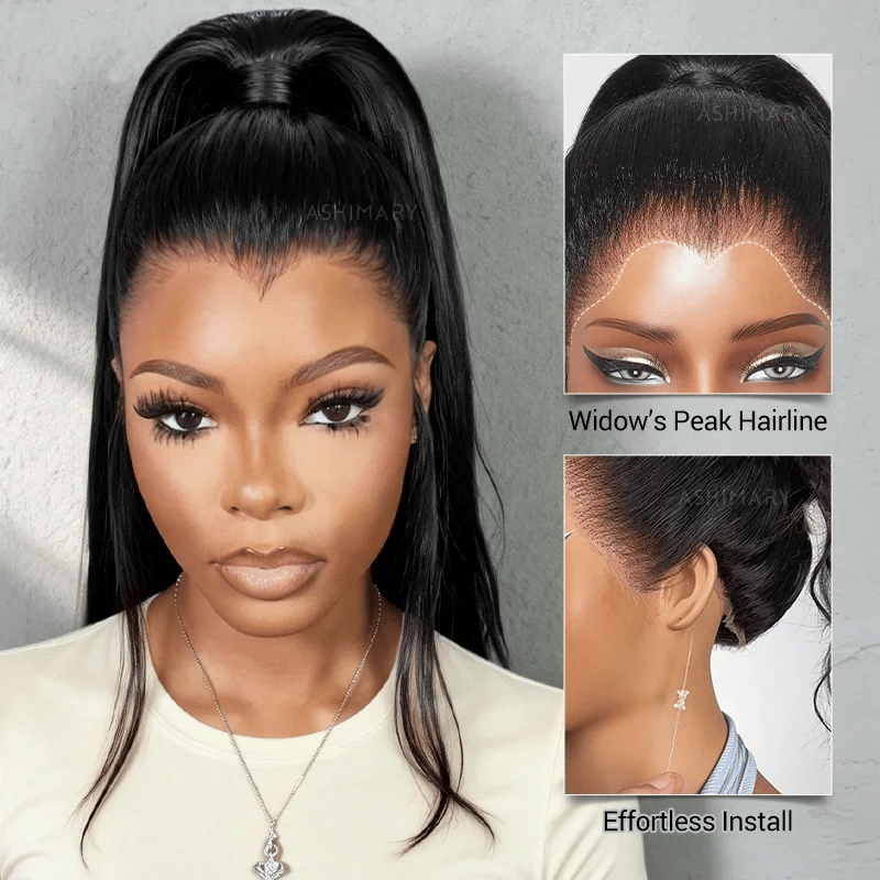 Pre-Styled Widows Peak Ponytail Wig Invisi Strap 360 Lace Wig Glueless Human Hair Yaki Straight Wigs