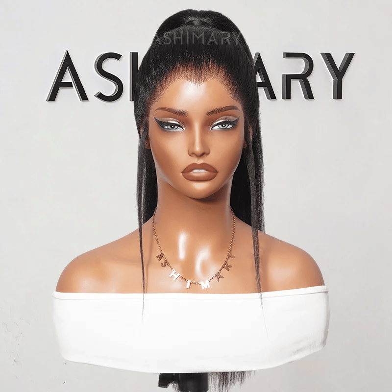 Pre-Styled Widows Peak Ponytail Wig Invisi Strap 360 Lace Wig Glueless Human Hair Yaki Straight Wigs