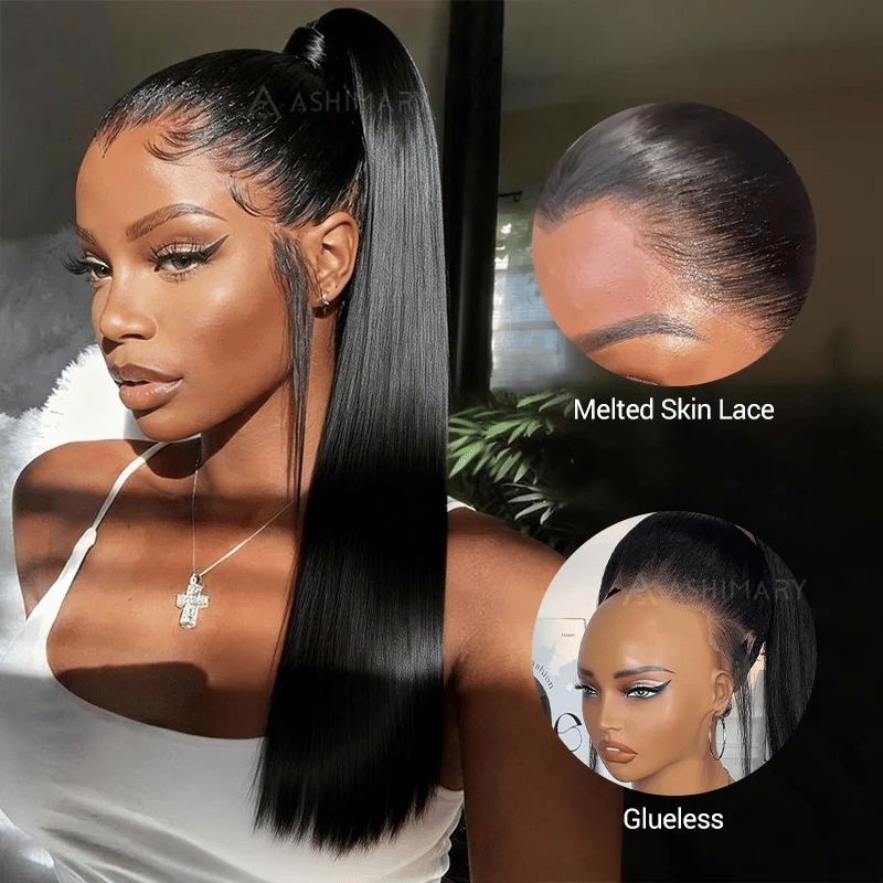 Pre-Styled Widows Peak Ponytail Wig Invisi Strap 360 Lace Wig Glueless Human Hair Yaki Straight Wigs