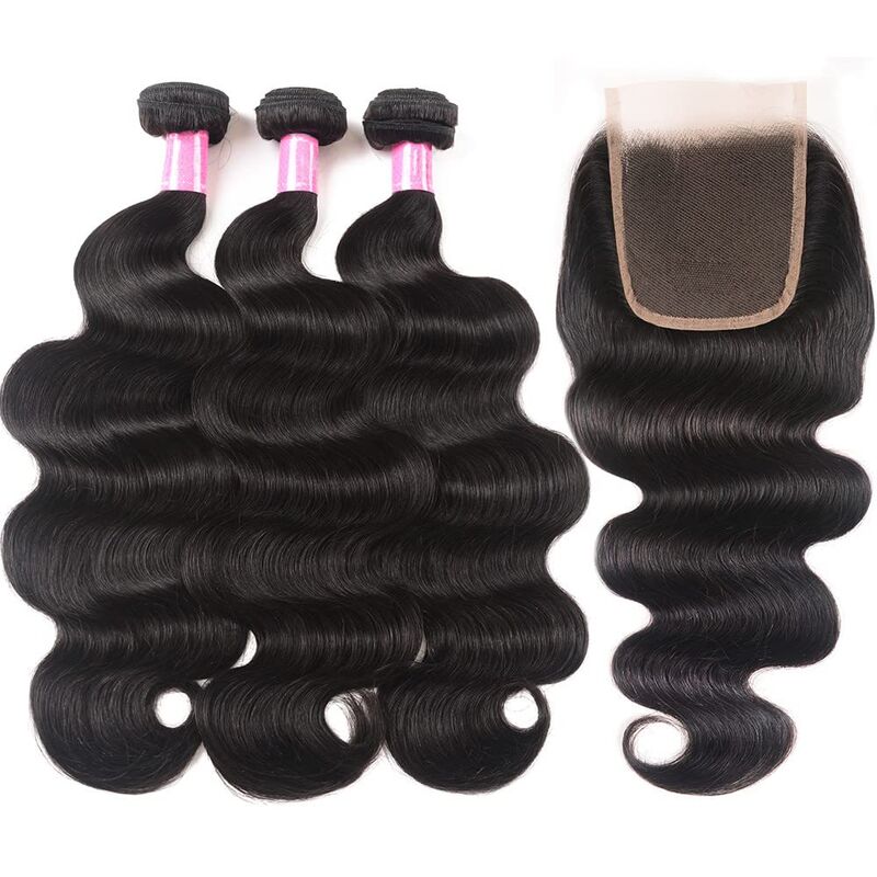 Body Wave Human Hair 3 Bundles With 4x4 Lace Closure 10A Brazilian Hair Weave