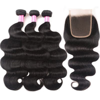 Body Wave Human Hair 3 Bundles With 4x4 Lace Closure 10A Brazilian Hair Weave