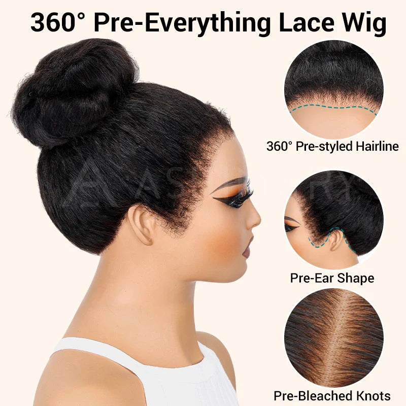 Invisi Strap 360 Lace Front Wig Kinky Straight with Spiral Curls Natural Black Breathable & Security Human Hair Wigs