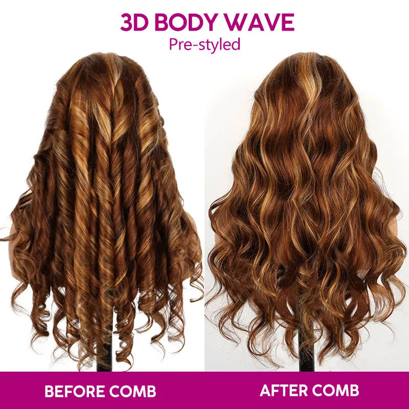 Honey Blonde Highlight 3D Body Wave 13x4 HD Lace Frontal Piano Color Human Hair Wigs