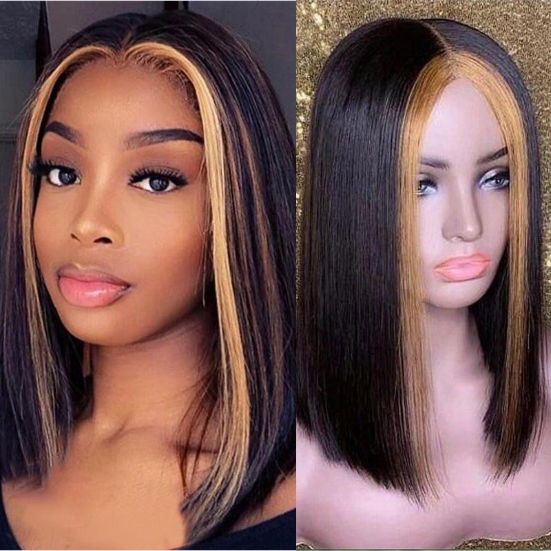 Skunk Stripe Highlight Bob Wig 13x4 Transparent Lace Front Human Hair Wigs Straight Hair