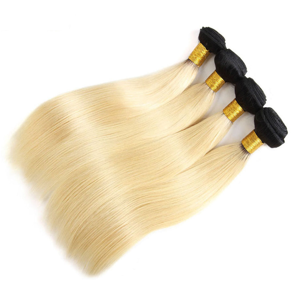 1B/613 Ombre Blonde Bundles With 13x4 Lace Frontal Closure Straight Human Hair