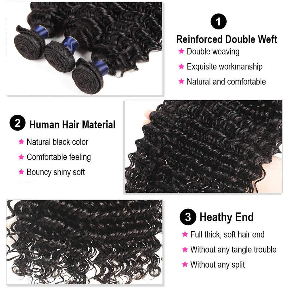 13x4 HD Lace Frontal With Bundles Deep Wave 12A Brazilian Virgin Hair Weave