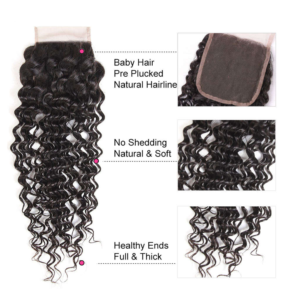 4x4 Lace Closure With Bundles Deep Wave 12A Brazilian Virgin Hair Weave
