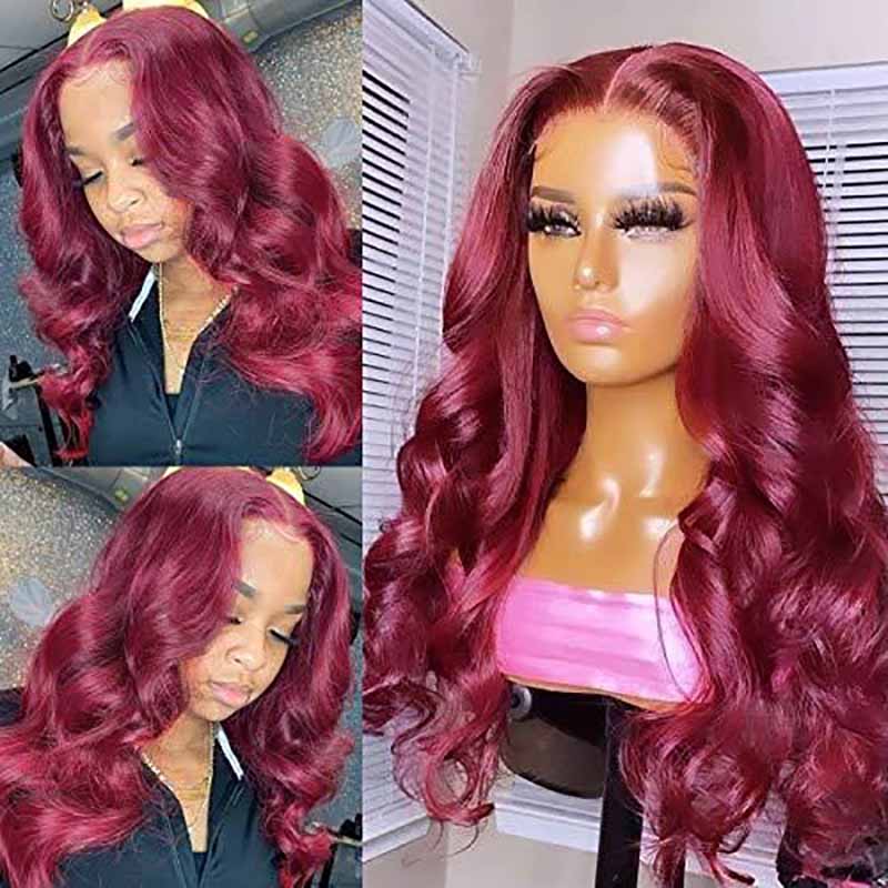 Burgundy Hair Color 3D Body Wave 13x4 Lace Frontal Wig Black Cherry Dark Burgundy Human Hair Wigs
