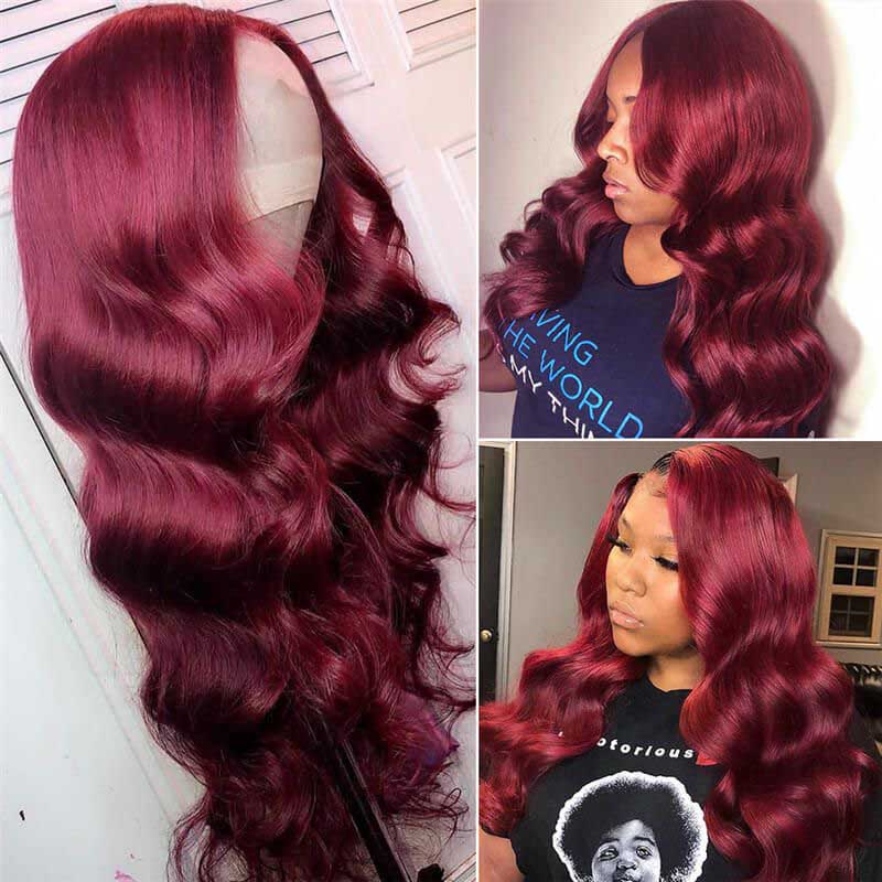 Burgundy Hair Color 3D Body Wave 13x4 Lace Frontal Wig Black Cherry Dark Burgundy Human Hair Wigs