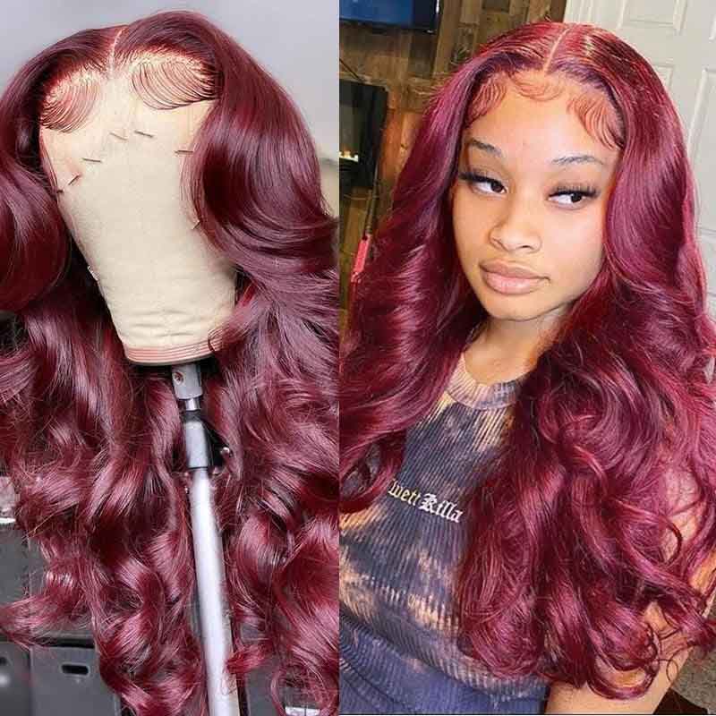 Burgundy Hair Color 3D Body Wave 13x4 Lace Frontal Wig Black Cherry Dark Burgundy Human Hair Wigs