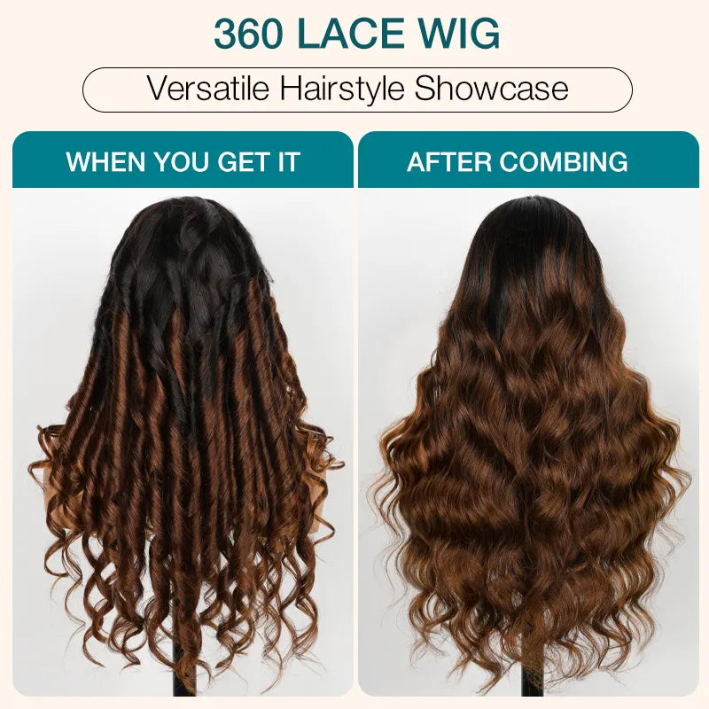 New Black Ombre Brown Highlight Layer Cut Body Wave 360 Lace Frontal with Invisi Strap Pre Bleached & Plucked Human Hair Wig