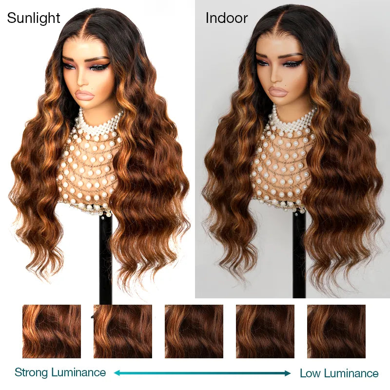 New Black Ombre Brown Highlight Layer Cut Body Wave 360 Lace Frontal with Invisi Strap Pre Bleached & Plucked Human Hair Wig