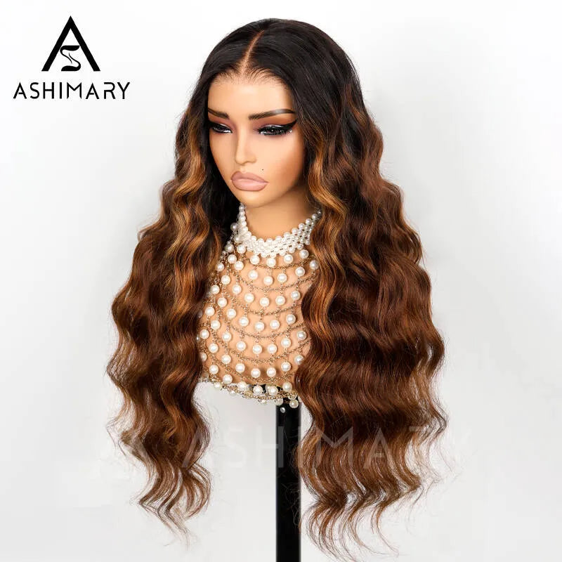 New Black Ombre Brown Highlight Layer Cut Body Wave 360 Lace Frontal with Invisi Strap Pre Bleached & Plucked Human Hair Wig