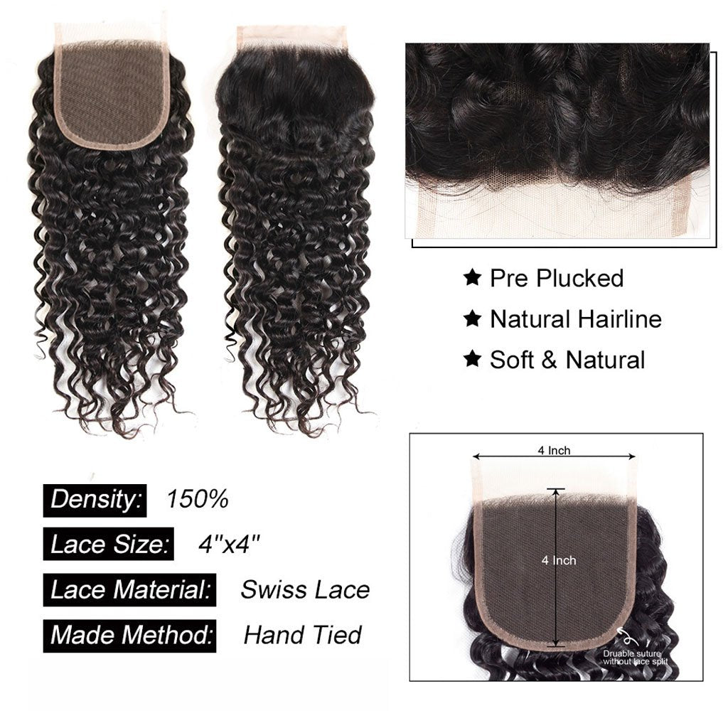 Water Wave 3 Bundles With 4*4 Lace Closure 10A Brazilian Human Hair Weave